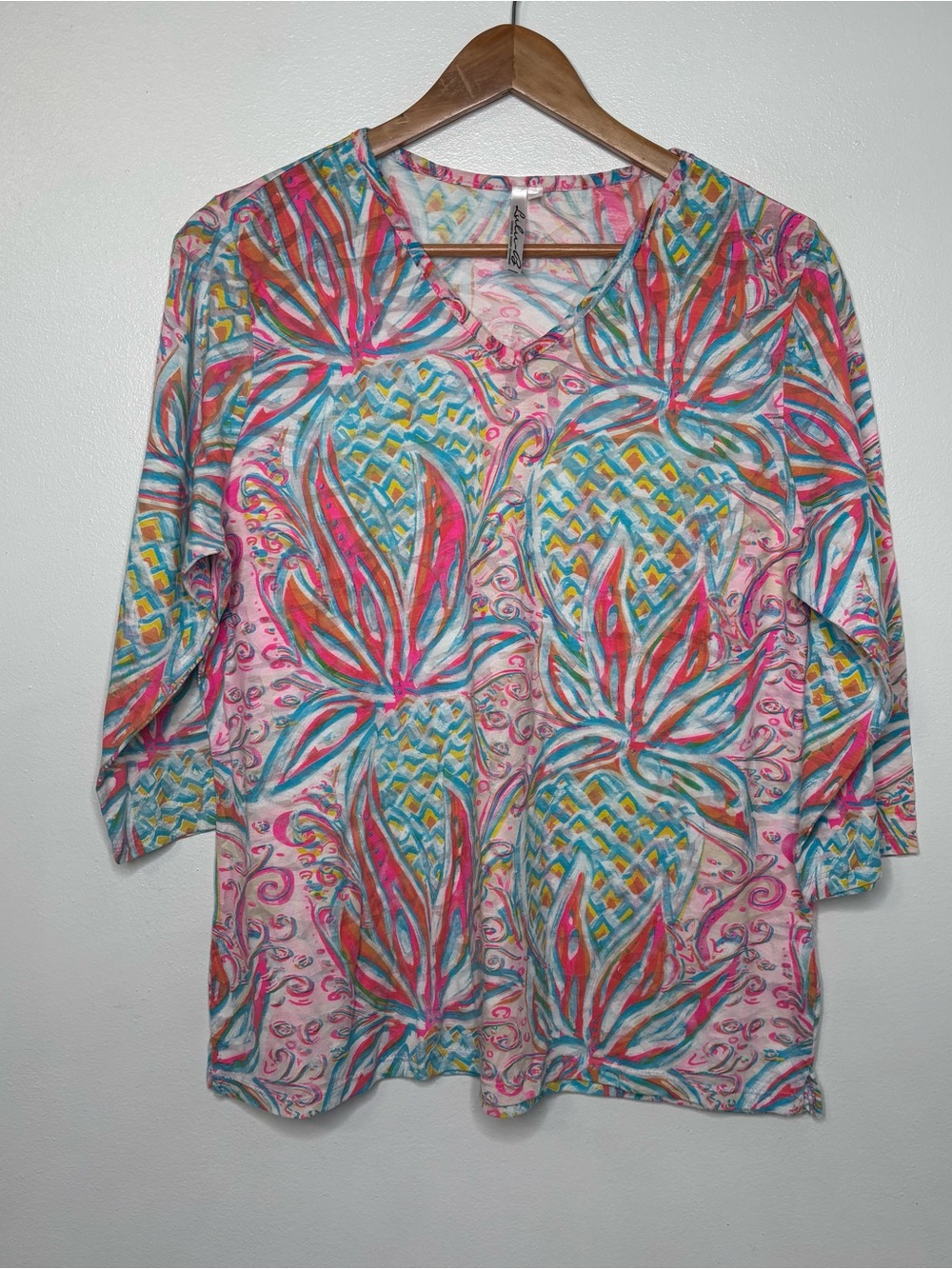Lulu-B Top Womens Large 3/4 Sleeve V Neck Multi Color Beach Preppy Resortwear